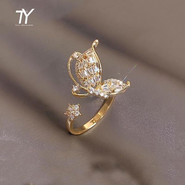 

cluster rings luxurious and elegant zircon butterfly design gold opening for woman korean fashion jewelry wedding party girl's ring, Golden;silver