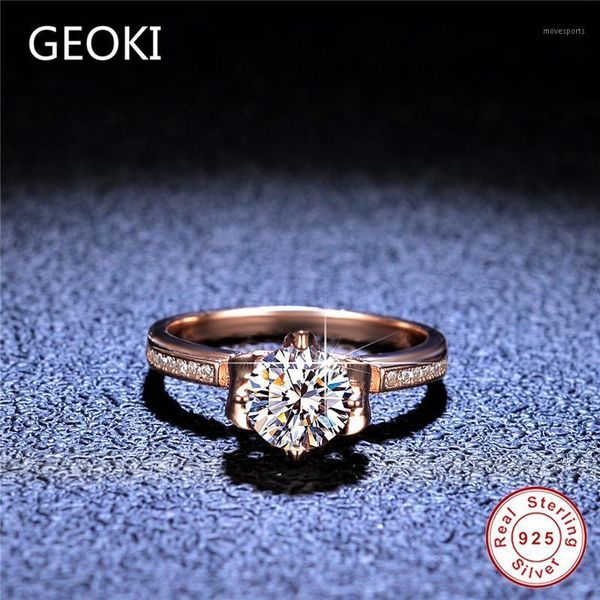 

cluster rings geoki 18k rose gold plated shiny d color vvs1 moissanite wedding ring 925 sterling silver perfect cut passed diamond test1, Golden;silver