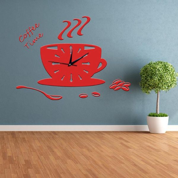 

wall clocks 3d diy acrylic clock modern kitchen home decor coffee time cup shape sticker hollow numeral (red, random