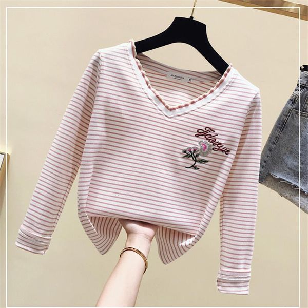 

2021 new striped t-shirts women long sleeve v-neck female t shirt casual big size women clothes, White