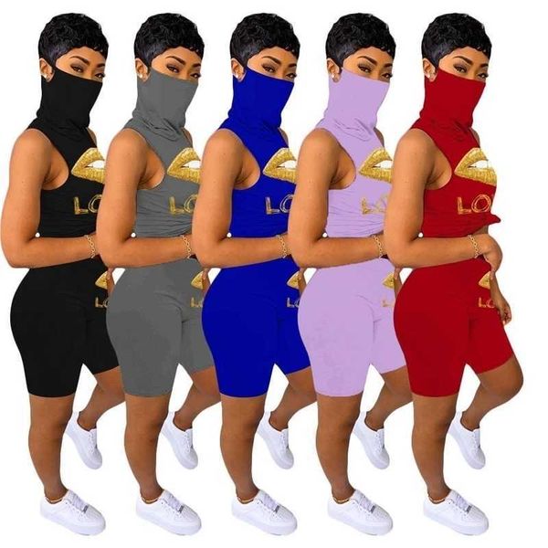 

women shorts tracksuits summer lip printed two piece outfits solid color sleeveless vest with face mask casual sports plus size clothing, Gray
