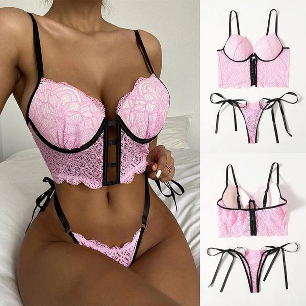 

bras sets g-string flowers lace bra lingerie women sleepwear underwear bandage thong erotic apparel nightgown, Red;black