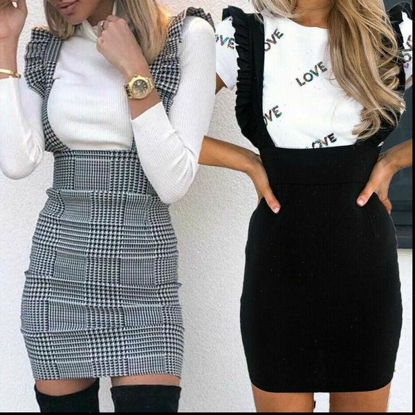 

women summer houndstooth suspender skirt braces skirt bodycon shoulder straps overall skirts femme ol office lady slim skirts, Black