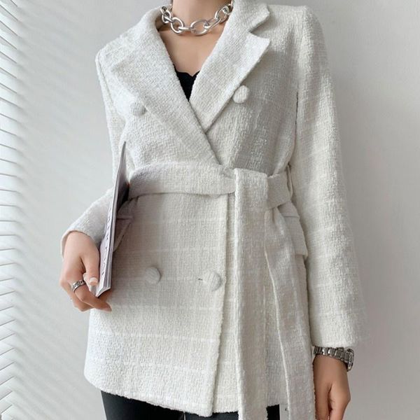 

women's jackets womens fashion tweed plaid jacket office lady turn-down collar double breasted pockets adjustable waist vintage suit co, Black;brown