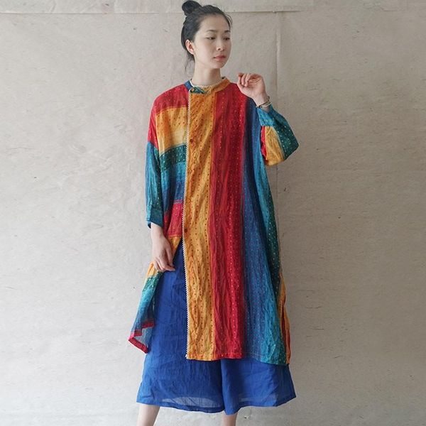 

johnature loose retro print striped stand nine quarter sleeve irregular long shirt 2021 autumn new fashion all-match women, White