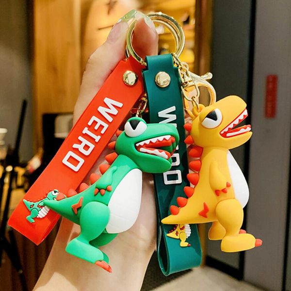 

cartoon dinosaur keychains key chain buckles men women purse cars bags lovers keychain silica gel tyrannosaurus pendant accessories classic, Silver