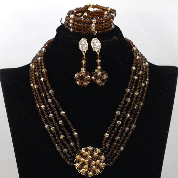 

beautiful chocolate brown chunky african jewelry sets party flower brooch crystal necklace earrings bracelet qw368, Silver