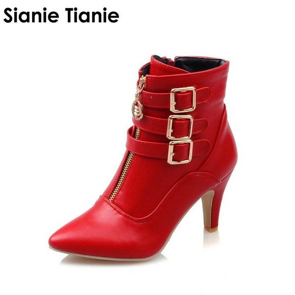 

boots sianie tianie shoes women winter high heels ankle pointed toe buckle zip ladies white big size 44, Black