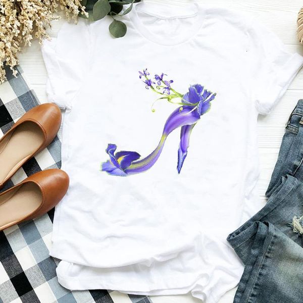 

women lady floral printing office shoes kawaii funny print ladies t tee womens shirt clothes tshirt female graphic t-shirt, White