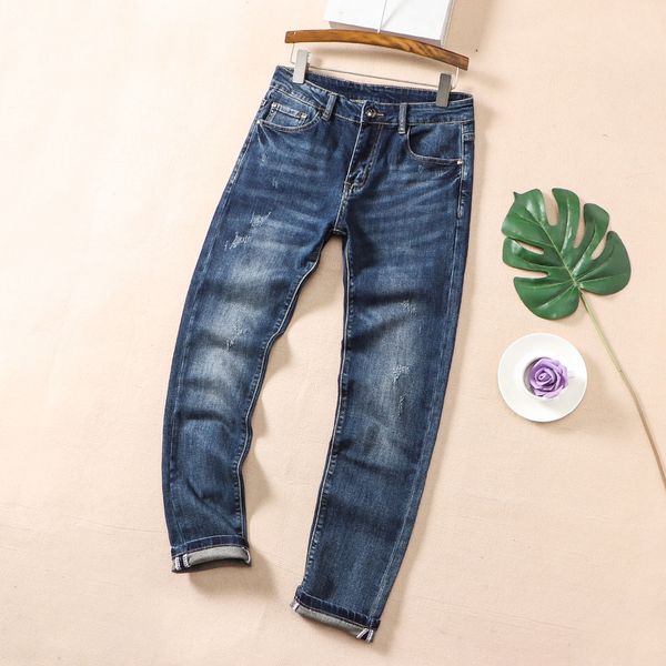

mens breathable jeans with small feet designer purn cotton men light trousers fashion solid casual new plaid regular business pant latest au, Blue