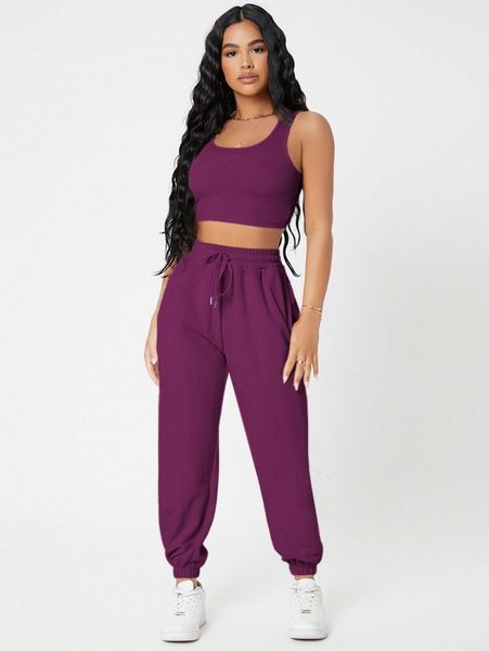 

petite solid crop tank and joggers set d5zr#, White