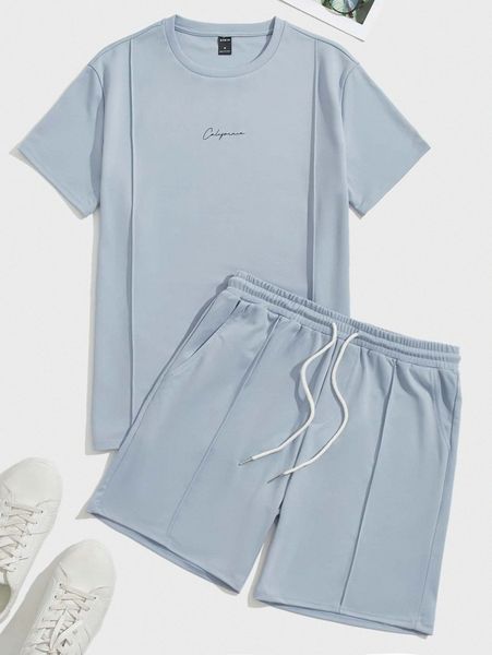 

men letter graphic tee & track shorts set b0td#, Gray