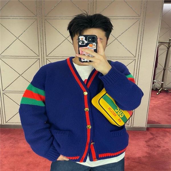 

men's sweaters big trendy brand hedging hit color striped letters crocheted wool knitted cardigan for men and women the same style, White;black
