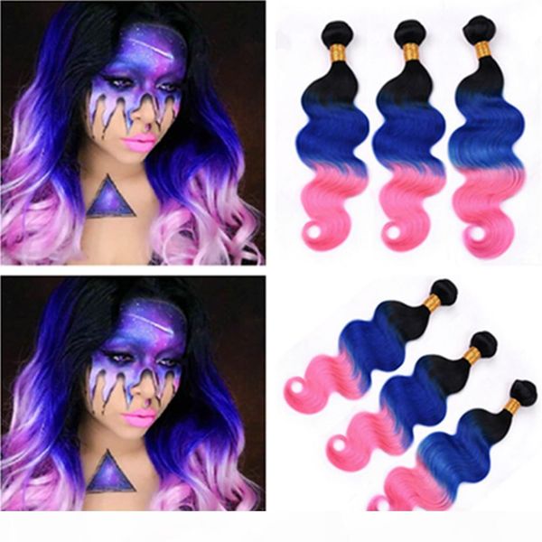 

#1b blue pink ombre body wave human hair 3bundles 300gram black roots blue to pink 3tone ombre malaysian human hair weave wefts 10-30
