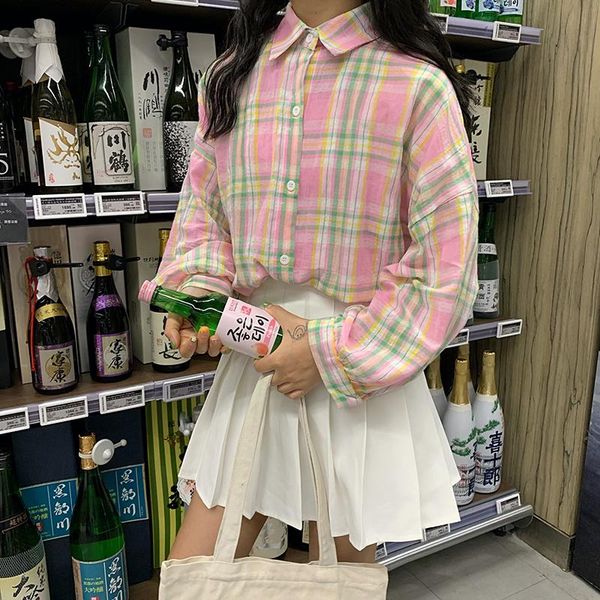 

women's blouses & shirts women summer kawaii ulzzang lovely contrast plaid lapel long sleeve shirt female harajuku tunic for cute top, White