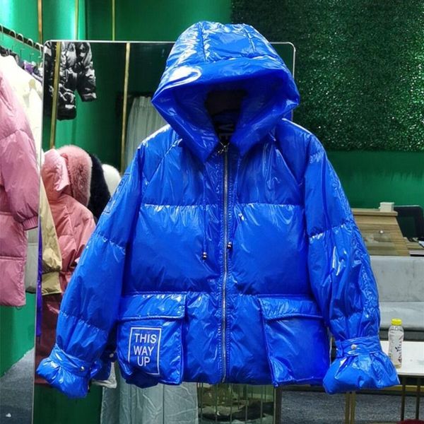 

90% white duck down autumn winter warm coat winter glossy women hooded parka quality jacket female loose outerwear warm, Black