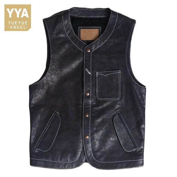 

men's vests men natural cowhide genuine leather sleeveless jacket vintage slim fit single breasted vest v neck waistcoat, Black;white