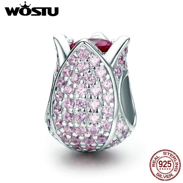 WOSTU весна новый стиль 100% 925 стерлингового серебра розовый тюльпан цветы бусины подходят оригинальный очарование браслет браслет DIY ювелирные изделия CQC569 Q0531