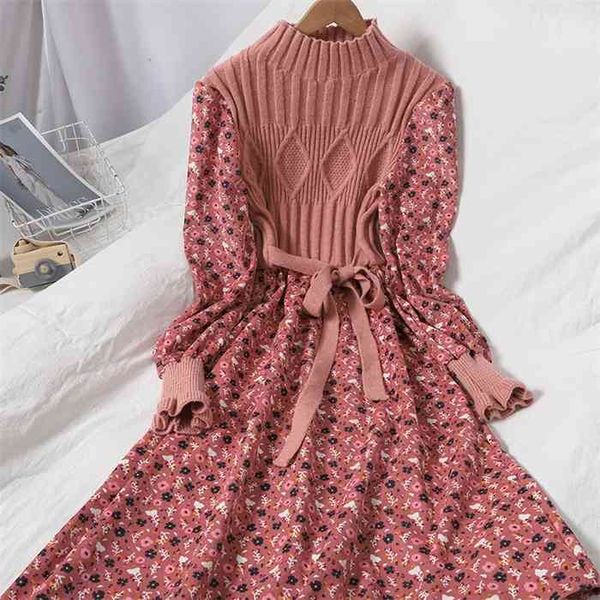 

autumn sweater dresses for women winter splicing pullover bandage slim knitting dress sweet corduroy floral print dress vestido, Black;gray