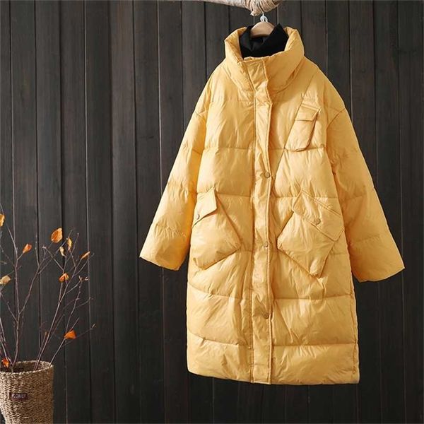 

ailegogo winter women thick warm white down long jacket casual female loose fit stand collar zipper pocket coat snow outwear 211216, Black