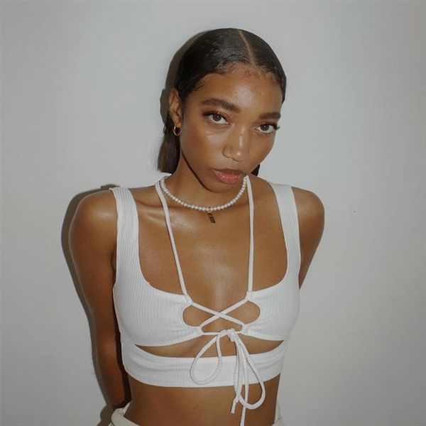 

midnight club crop women tank deep v neck halter hollow out summer trendy fashion street style partywear, White