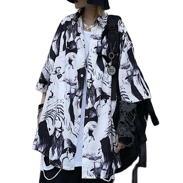 

women's blouses & shirts harajuku lapel oversized short sleeve t-shirt design graffiti printing 2021 summer fashion shirt goth, White