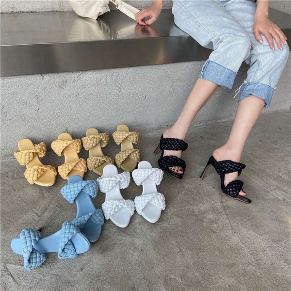 

summer net red one-line belt wearing high heels, thin heel sandals and woven ol for women, Black