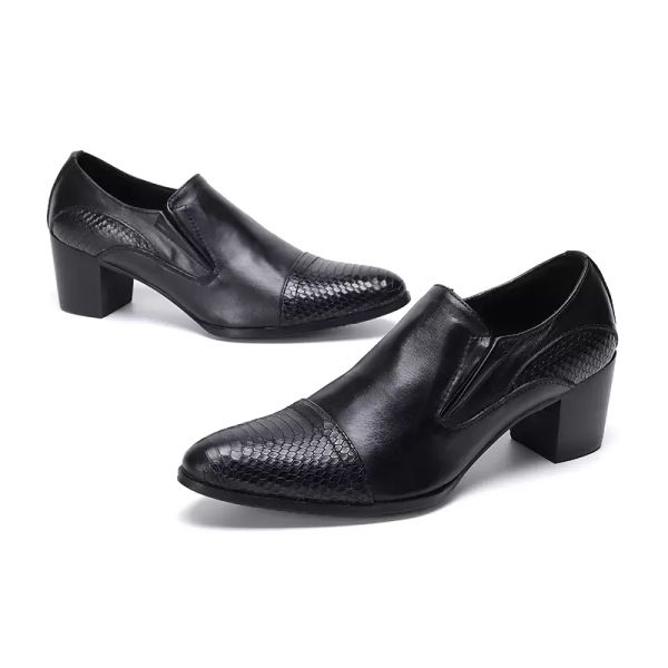 Estilo japonês homens sapatos dedo apontado toe preto genuíno vestido de couro sapatos homens 7cm negócio de salto alto, sapatos de festa, eu38-46