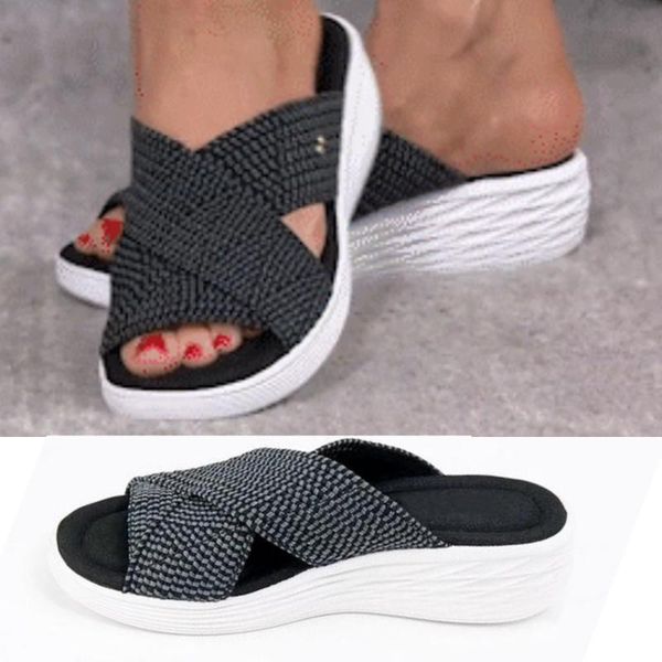 

puimentiua new women sandals wedge slippers soft beach slides summer casual shoes female platform shoes outdoor sandals, Black