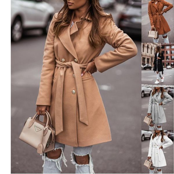 

women's wool & blends women woolen coat autumn winter long sleeved suit collar belt fashion abrigos mujer invierno 2021 donsignet, Black