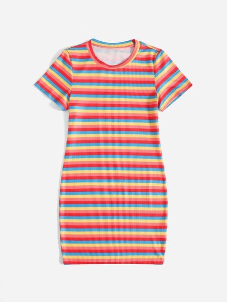 

girls 1pc block striped dress she, Red;yellow