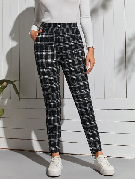 

high waist plaid slant pocket pants y6my#, Black;white