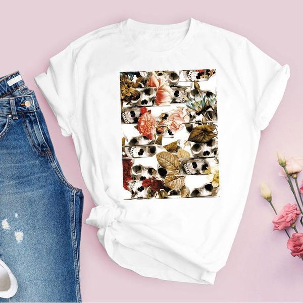 

women graphic fashion skull floral cute cartoon short sleeve print lady tees clothing female t shirt womens t-shirt, White