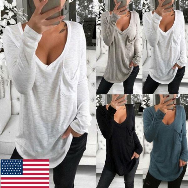 

women long sleeve v neck t-shirt ladies casual loose solid color tee t-shirt black white gray blue