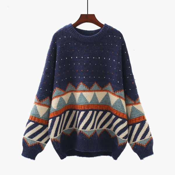 

college geometric jacquard women's pullover autumn winter 2020 new korean loose lazy style sweater, White;black