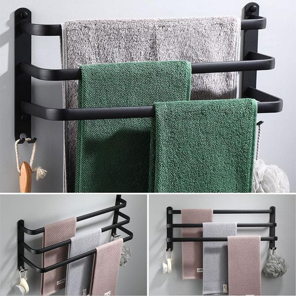 

wall-mounted three-layer towel rack perforated bathroom accessories shower room shelf frosted black aluminum alloy hanger
