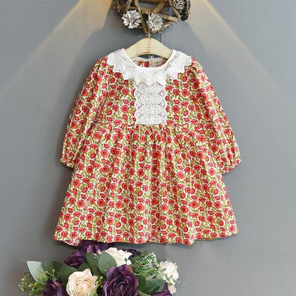 

girl's dresses winter 2021 girls dress cute denim long puff sleeve lace o neck floral streetwear vestidos 18m-6t, Red;yellow