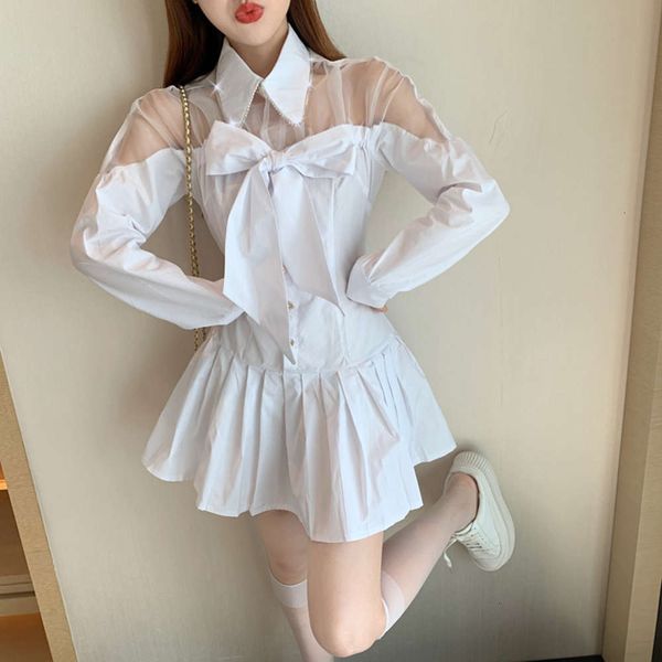 

2021design sense heavy industry drill chain polo collar bowknot mesh patchwork pleated shirt long sleeve dress, Black;gray