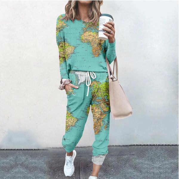 

women's two piece pants 2022 product printed ladies suit map slim 3d digital printing, White