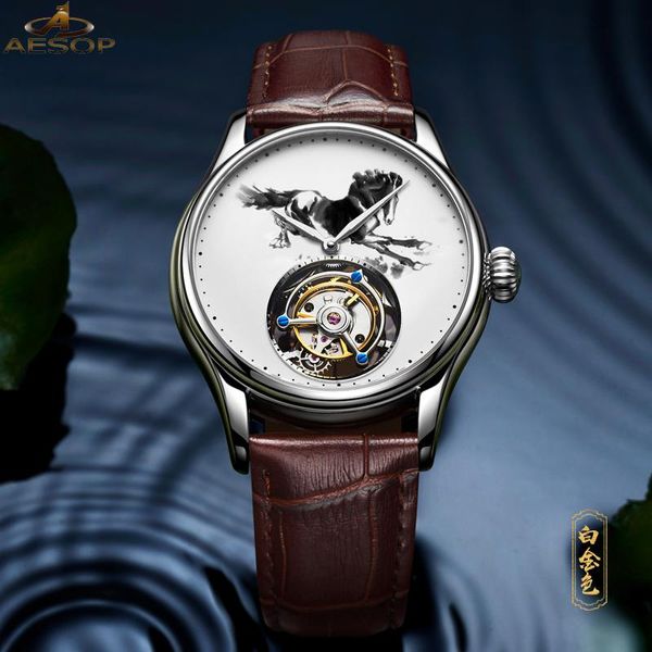 

wristwatches aesop men's mechanical tourbillon leather male watch skeleton at man luxury clock for men reloj hombre, Slivery;brown