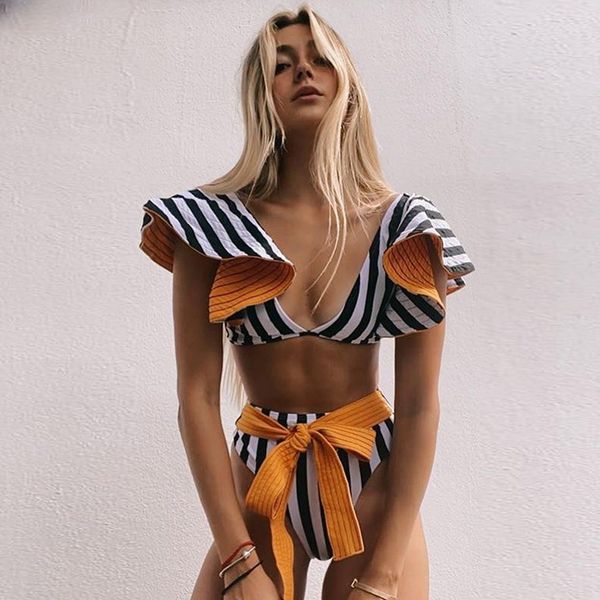 

women swimwear tummy control high waist 2 piece bikini sets 2021 summer ruffled swimwear women printed swimsuit bathing suits, White;black