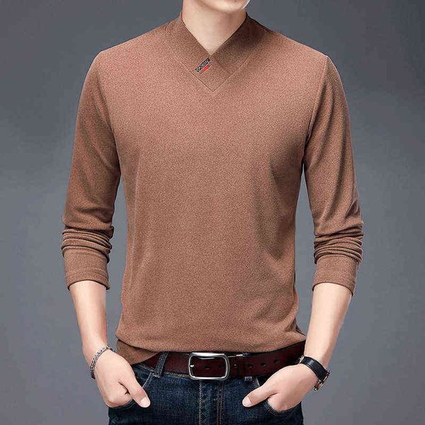 

autumn and winter double-sided cashmere t-shirt young men's personalized bottoming shirt thin diagonal collar solid color embroidery, White;black