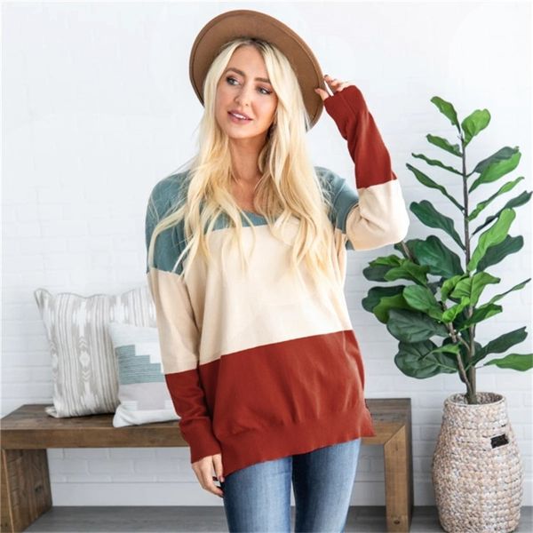 

autumn winter v neck knitted women's sweaters striped pullovers casual loose jumpers oversized color-block sweater women 210603, White;black