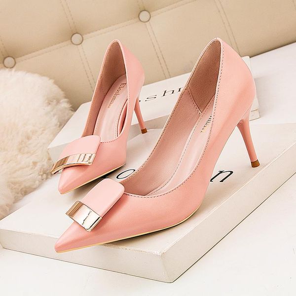 

dress shoes 2021 metal buckle concise office solid pu thin heels women pumps shallow fashion high women's pointed toe, Black