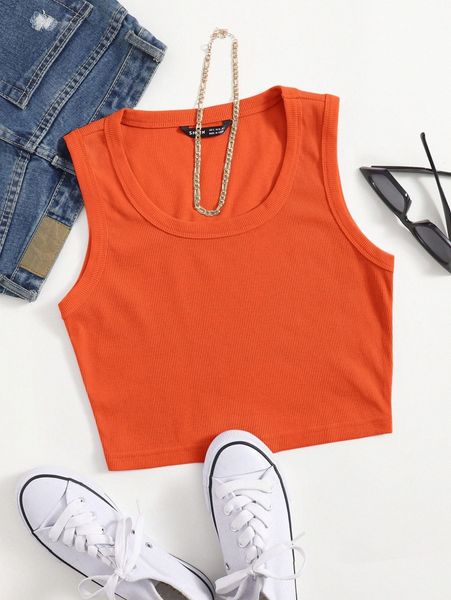 

neon orange scoop neck solid tank d36t#, White