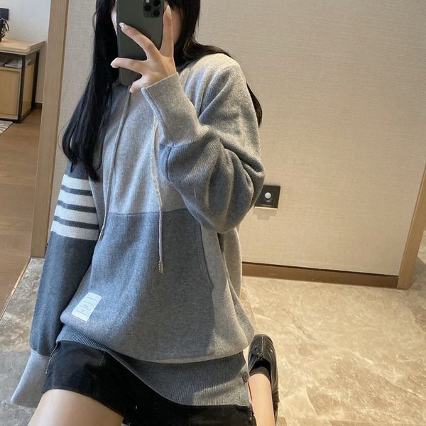 

color blocking hoodie winter new tb stripe pocket hat shirt loose wool sweater blouse women, Black