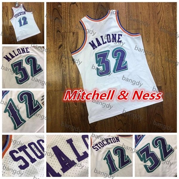 

mitchell&ness basketball vintage mens john stockton 12 karl malone jersey 32 dense au fabric mesh embroidery stitched stock shirt white, Black