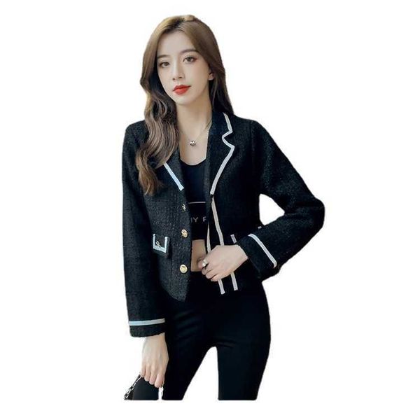 

2021 autumn contrast color bonded tweed small fragrance suit coat women's lapel short slim fashion, Black;brown