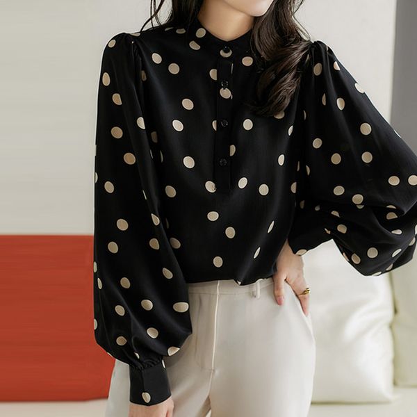 

2021 new estilo coreano primavera manga longa chiffon blusa feminina simples bolinhas chique camisa casual moda escritrio senhora trabalho t, White