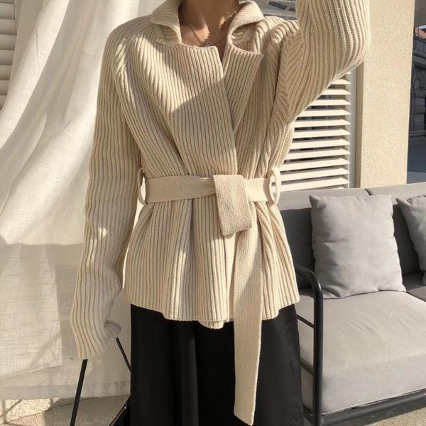 

women's knits & tees 2021 women autumn winter elegant open stitch sweater jacket sashes lapel collar knitted coat slim fit outwear card, White